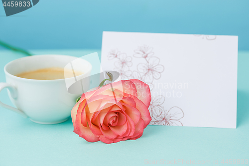 Image of Love background with pink roses, flowers, gift on table