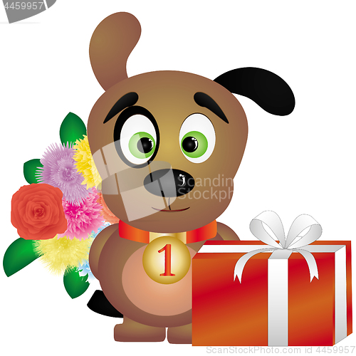 Image of Happy balck-eyed puppy with flowers and gift box