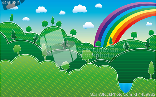Image of Spring or summer background with meadow, trees and rainbow