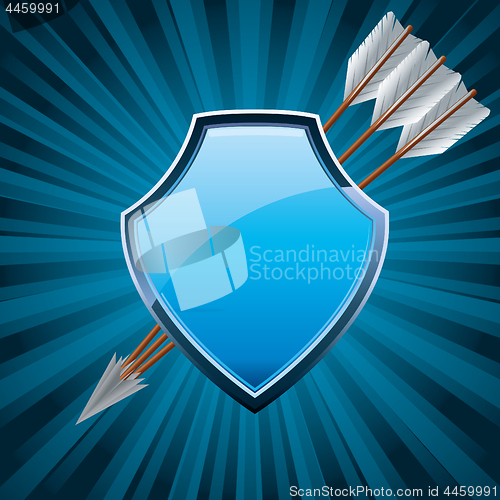 Image of Security shield, coat of arms symbol icon, decorated with arrows, blue 