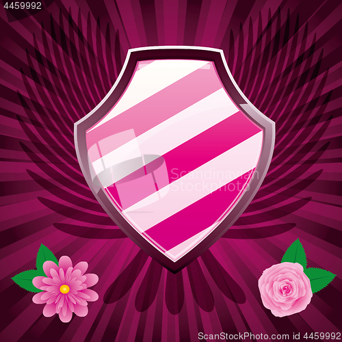 Image of Security shield, coat of arms symbol icon, decorated with flowers and wings, pink