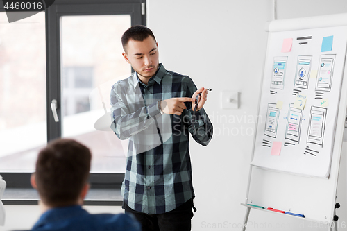 Image of man showing smart watch to creative team at office