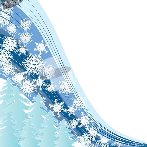 Image of White snowy background with Christmas trees and snowflakes and wind for your greetings card