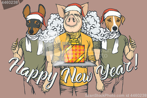 Image of New Year vector concept Pig and two Dogs