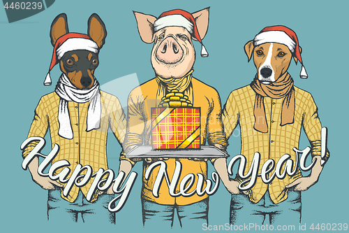 Image of New Year vector concept Pig and two Dogs