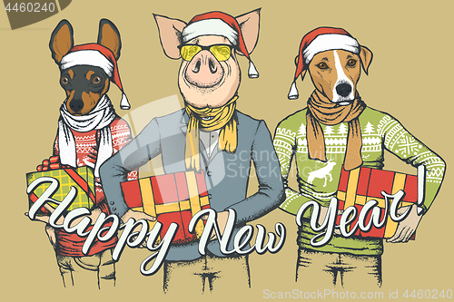 Image of New Year vector concept Pig and two Dogs