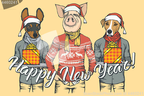 Image of New Year vector concept Pig and two Dogs