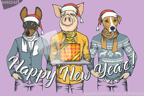 Image of New Year vector concept Pig and two Dogs