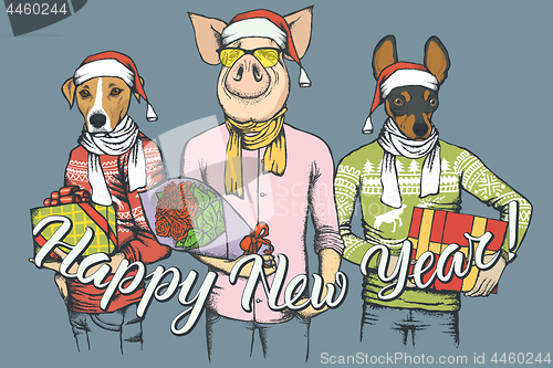 Image of New Year vector concept Pig and two Dogs