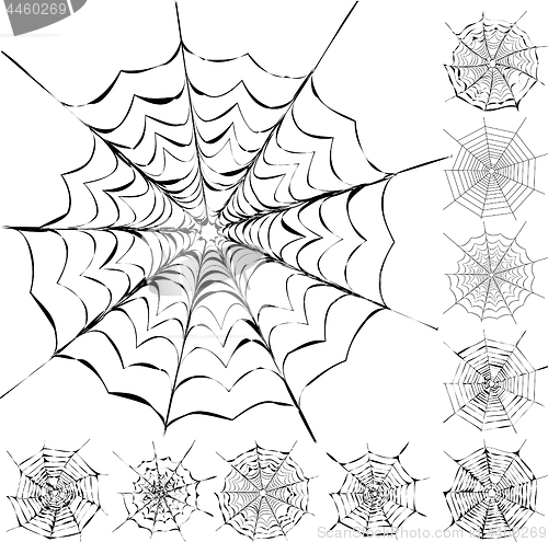 Image of Set of 11 different spiderwebs isolated on white, easy to print