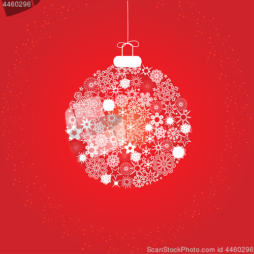 Image of Christmas greetings card with Christmas ball made of snowflakes on red background, 