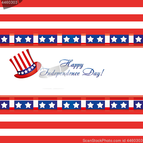 Image of American flag colors in a greetings card and top hat for 4th of July independence day celebrations