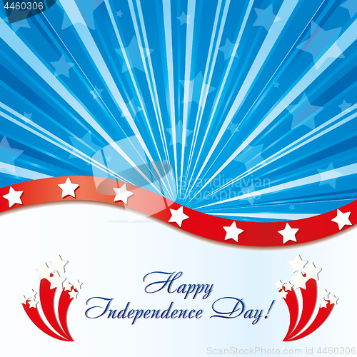 Image of Background with elements of USA flag with congratulations and fireworks