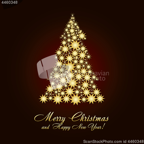 Image of Christmas greetings card with fir tree made from gold stars on brown background