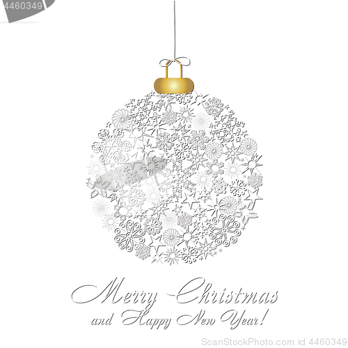 Image of Christmas catd decorated with christmas ball made from snowflakes on white background