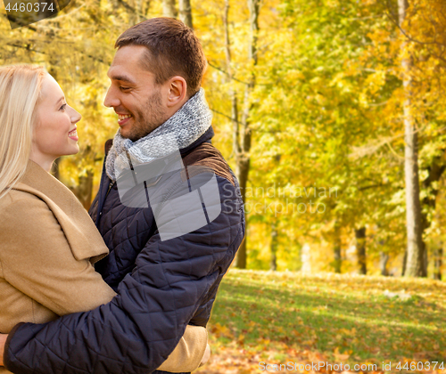 Image of smiling couple hugging in autumn park