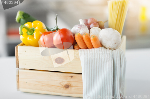 Image of close up of wooden box of fresh ripe vegetables