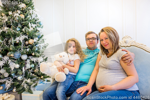 Image of Family portrait near christmas tree