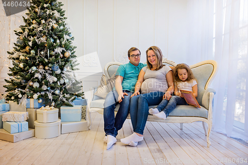 Image of Family portrait near christmas tree