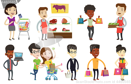 Image of Vector set of shopping people characters.