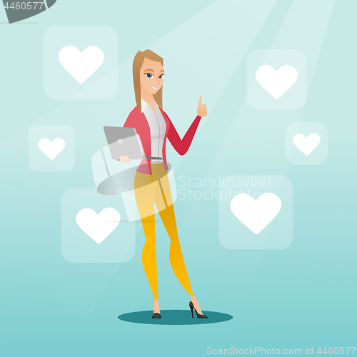 Image of Woman with laptop and heart icons.
