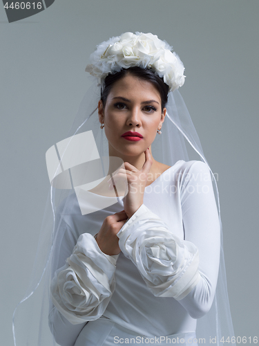 Image of young bride in a wedding dress with a veil