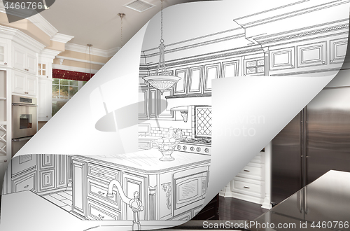 Image of Kitchen Drawing Page Corners Flipping with Photo Behind