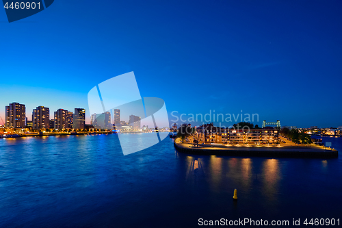 Image of Rotterdam cityscape with Noordereiland at night,  Netherlands