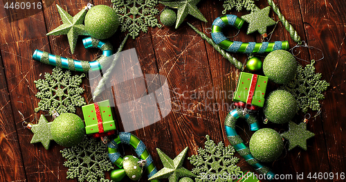 Image of Christmas ornaments laid in circle