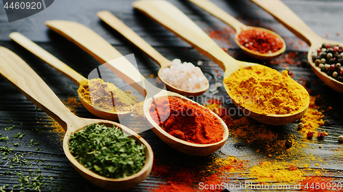 Image of Spoons with assorted spices