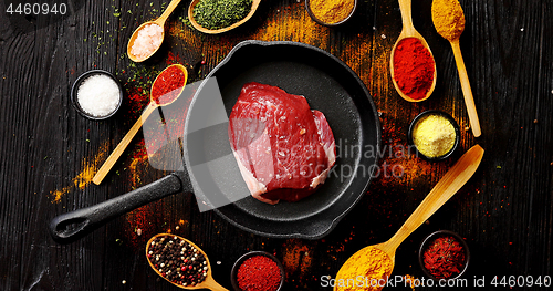 Image of Meat on pan and spices