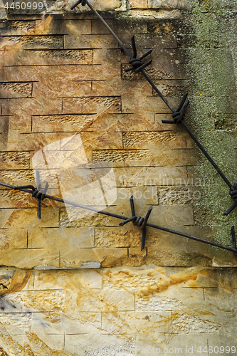 Image of Conceptual gloomy wall background with texture and barbed wire