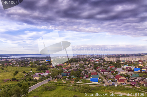 Image of Aerial panorama of one-storied district of city outskirts