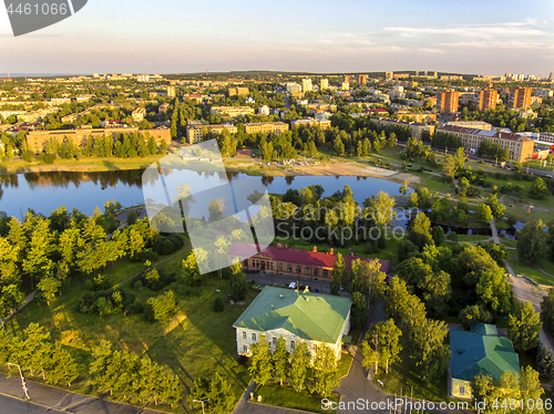 Image of Aerial panorama of city and river from bird high in summer