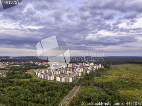 Image of Aerial view of ecological district of city in forest