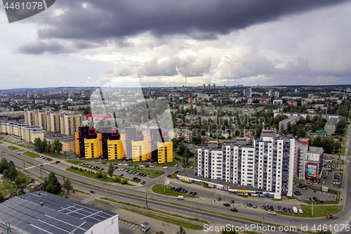 Image of Gloomy clouds over the city, aerial view