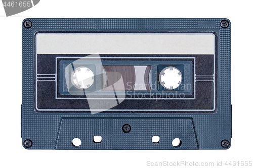Image of Retro black audio tape isolated on white background.