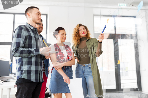 Image of creative team with chart on glass board at office