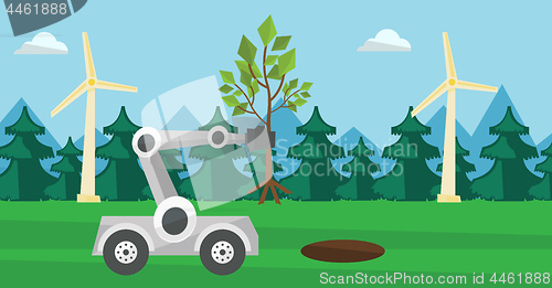 Image of Robot machine plants a big tree.