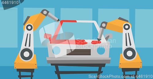 Image of Robotic arm painting car in a production line.