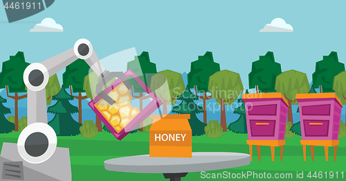 Image of Robot beekeeper gathering honey from beehive.