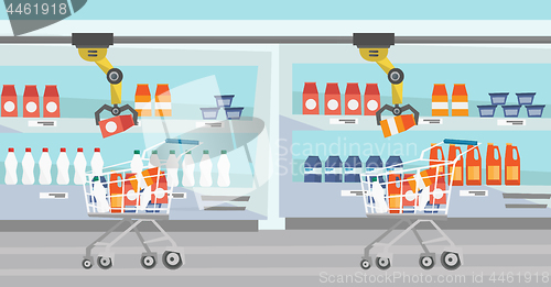 Image of Robotic arm putting groceries in shopping trolley.