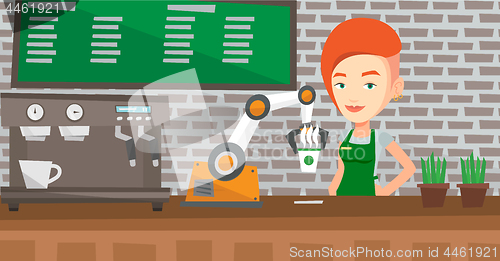 Image of Robot making coffee for a client at coffee shop.