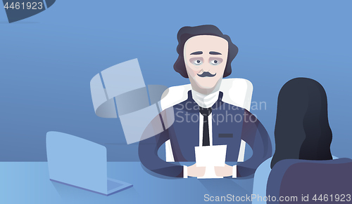 Image of Businessman and businesswoman meeting in office.