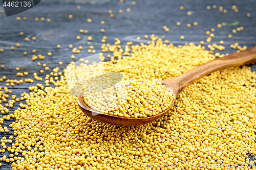 Image of Mustard seeds in spoon on black board