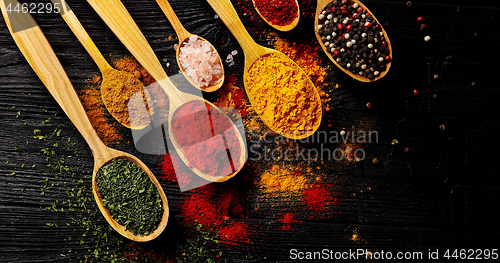 Image of Different types of spices in spoons