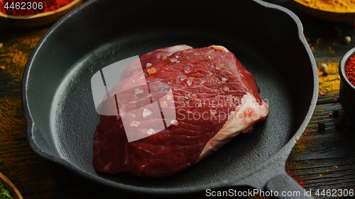 Image of Meat with spices on skillet