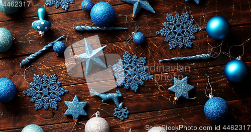 Image of Blue Christmas decorations on table