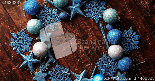 Image of Blue decorative snowflakes and balls