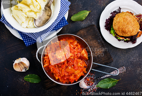 Image of fried cabbage and mashed potato